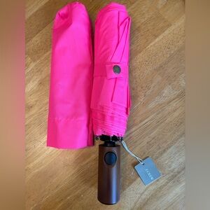 J. Crew Hot Pink Compact Folding Umbrella with Wood-Tone Handle